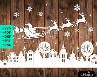 Christmas town Decoration SVG cut file, Window Decoration Village, Town Decoration, Santa Sleigh svg, reindeer, houses template svg