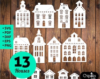 Christmas Decoration SVG cut file, Window Decoration Village, Town Decoration, houses bundle set Paper cut digital template svg, cut files