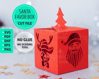 Christmas Santa Favor Box SVG, 3D paper model template with Santa and Deer, New year candy box, Cricut, Silhouette