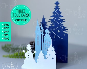 Three Fold Christmas Card + Envelope SVG, Winter Card Template SVG, Christmas invitation file, Papercut Card, snowman, Silhouette, Cricut