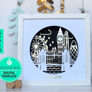 Może przedstawiać: Biała rama z czarno-białym wyciętym wzorem papierowym londyńskich zabytków, w tym Big Ben, London Eye i Shard. Wzór jest w kółku z napisem "London" na dole. Rama znajduje się na białej powierzchni.