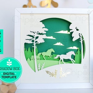 Horses running Shadow Box SVG, 3d papercut SVG, layered paper art template, scroll saw pattern, horse lovers gift layered art with LED light