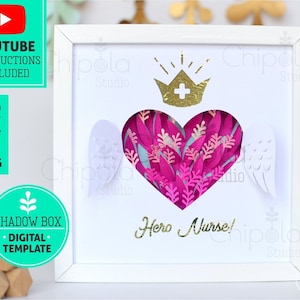 Heart shadow box for Nurses SVG, 3d papercut, heart with wings template, doctors healthcare medical staff gift, laser cut, cricut, cameo