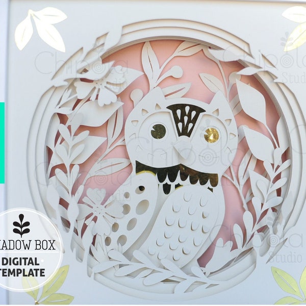 Owl Shadow Box SVG, cute 3d papercut SVG, layered paper art template, scroll saw pattern, baby shower gift layered art with LED light