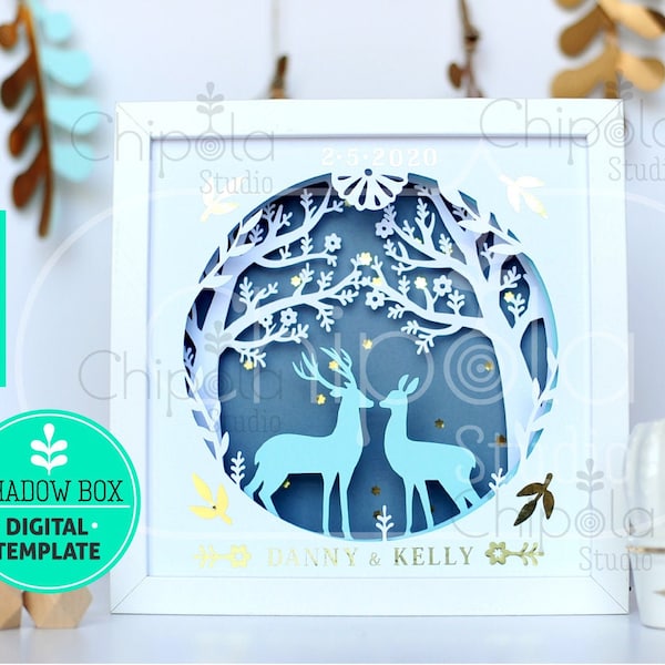Deer Love Romantic Wedding Shadow Box SVG, 3d papercut SVG, paper art template, vector bride and groom gift, layered art with LED light