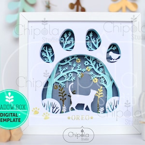 Cat Paw Shadow Box SVG, 3d papercut SVG, layered paper art template, scroll saw pattern, cat lovers floral gift layered art with LED light