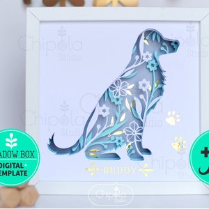 Könnte beinhalten: Eine digitale Vorlage für eine Schattenbox mit einer Hundesilhouette mit floralen Details. Der Hund sitzt mit dem Kopf zur Seite gedreht. Die Vorlage enthält den Namen "BUDDY" und ein Pluszeichen mit einer Hundesilhouette. Die Vorlage ist in den Formaten SVG, PDF, DXF, EPS und PNG verfügbar.