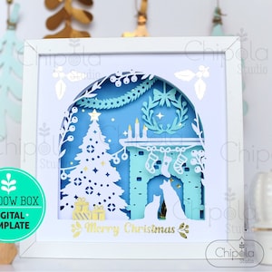 Scène de Noël Shadow Box SVG, Arbre et cheminée 3D papercut, modèle d’art en papier superposé avec lumière LED, Nouvel An, Cricut, Silhouette