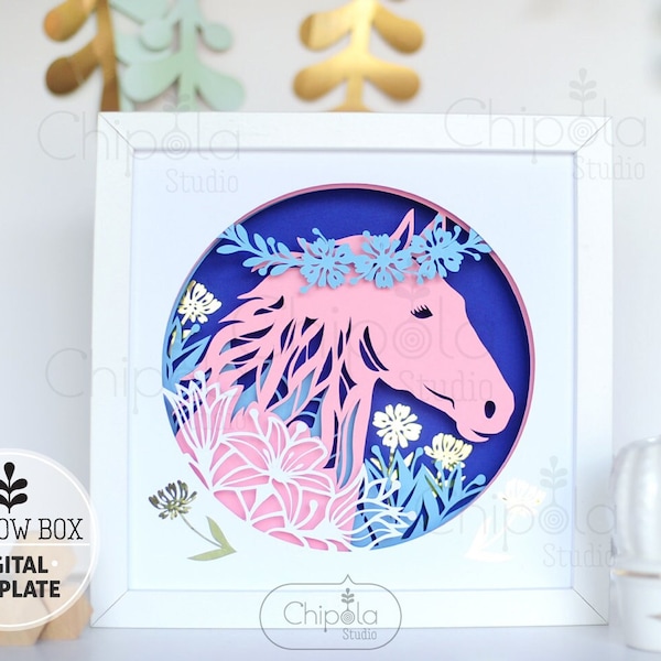 Horse Shadow Box SVG, 3d papercut SVG, layered paper art template, scroll saw pattern, horse lovers floral gift layered art with LED light