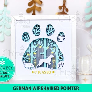 May include: A white shadow box with a blue paw print design. The paw print is filled with a forest scene with trees and a dog. The text "PICASSO" is at the bottom of the box. The text "GERMAN WIREHAIRED POINTER" is below the box.