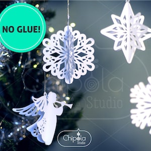 Decorazioni sospese 3d SVG. Angelo delle decorazioni natalizie, fiocchi di neve di carta, stella. Modello di taglio Capodanno, Taglio laser, Silhouette Cameo, Cricut