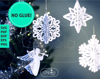 3d Hanging decorations SVG. Christmas decorations angel, paper snowflakes, star. Cut template New year, Laser Cut, Silhouette Cameo, Cricut