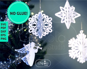 3d Hanging decorations SVG. Christmas decorations angel, paper snowflakes, star. Cut template New year, Laser Cut, Silhouette Cameo, Cricut