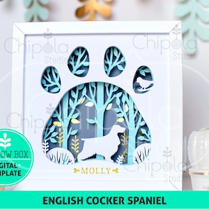 Anglais Cocker Spaniel Dog race Shadow Box SVG, 3d papercut SVG, modèle d’art en papier superposé, motif de scie à chantourner, art cadeau avec lumière LED