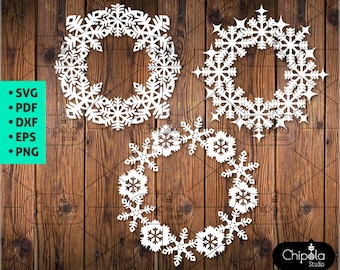 Corona de Navidad Decoración SVG archivo de corte, archivo de paquete de corona de copo de nieve, plantilla de marco de monograma svg, cricut, silueta, troquelado, descargar