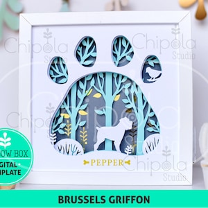 Bruxelles Griffon Dog razza Shadow Box SVG, 3d papercut SVG, modello di arte di carta a strati, modello di sega a scorrimento, arte regalo a strati con luce LED
