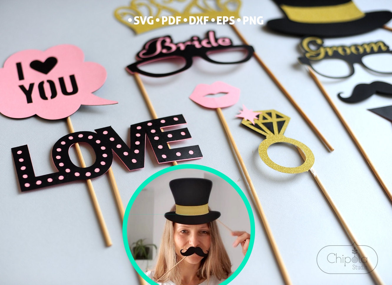 Bride & Groom Photo Booth Props , Wedding Decoration SVG, Downloadable