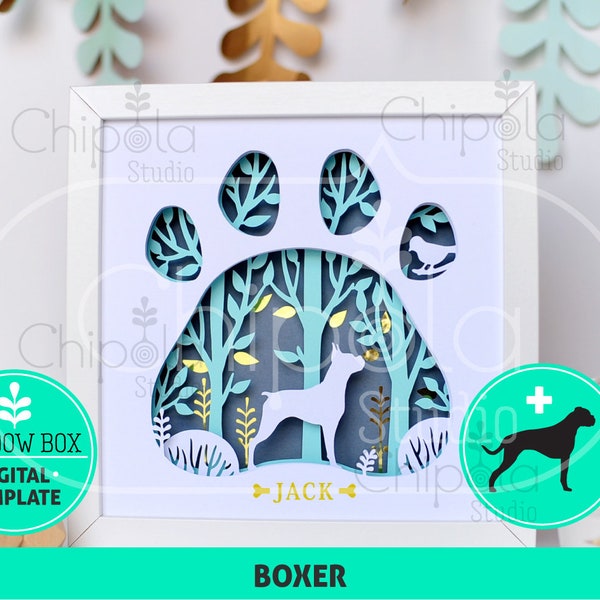 Boxer Dog breed Shadow Box SVG, 3d papercut SVG, layered paper art template, scroll saw pattern,  gift layered art with LED light