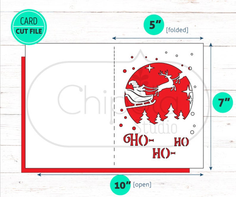 May include: A red and white Christmas card with a Santa Claus and reindeer flying through the air. The card is 5 inches by 7 inches when folded and 10 inches by 7 inches when open. The card has the words "HO HO HO" printed on it.