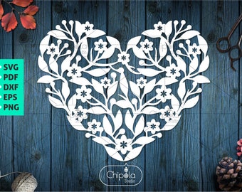 Floral Heart SVG vector cut file, Valentine Ornament SVG, Foliage heart, Papercut lace heart, cut template, wedding decoration, clip art