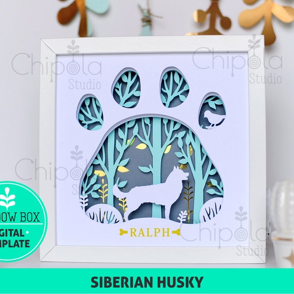 Siberian Husky Dog breed Shadow Box SVG, 3d papercut SVG, layered paper art template, scroll saw pattern, gift layered art with LED light Siberian Husky Dog breed Shadow Box SVG, 3d papercut SVG, layered paper art template, scroll saw pattern, gift layered art with LED light