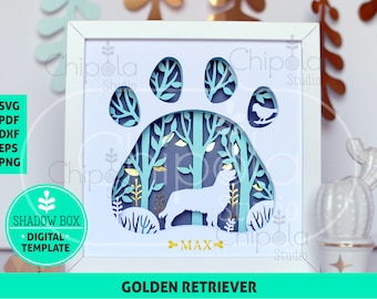 Golden Retriever Dog Shadow Box SVG, 3d papercut SVG, layered paper art template, scroll saw pattern,  gift layered art with LED light