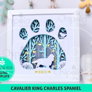 Cavalier King Charles Spaniel raça de cachorro Shadow Box SVG, corte de papel 3D SVG, modelo de arte em papel em camadas, padrão de serra de rolagem, arte com luz LED