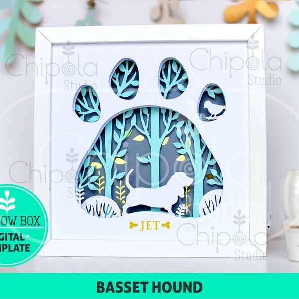 Basset Hound Dog breed Shadow Box SVG, 3d papercut SVG, layered paper art template, scroll saw pattern, gift layered art with LED light Basset Hound Dog breed Shadow Box SVG, 3d papercut SVG, layered paper art template, scroll saw pattern, gift layered art with LED light