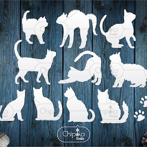 Op de afbeelding: Een set van tien witte katten silhouet snijbestanden. De katten zijn in verschillende poses, waaronder zittend, staand en liggend. De bestanden zijn perfect voor knutselprojecten, zoals vinyl stickers, papier ambachten, en meer.