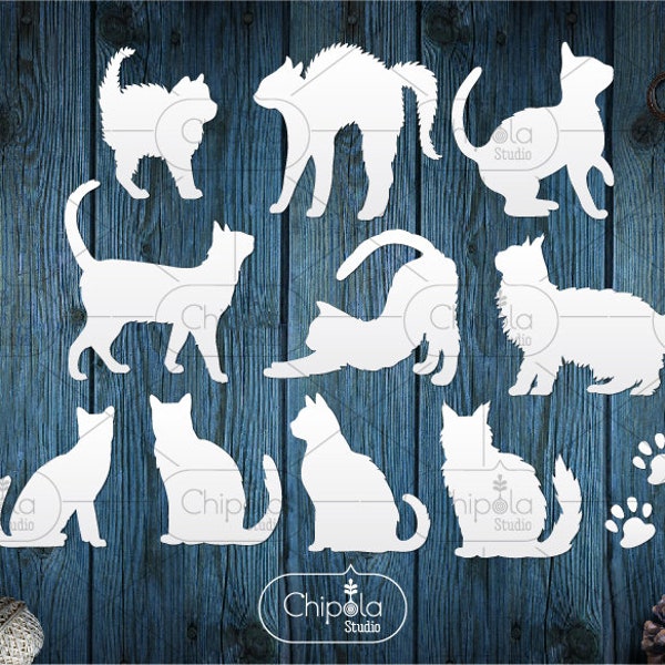 Ensemble de silhouettes de chat SVG, fichier de coupe vectoriel, papier découpé pour chaton, modèle de coupe, étirement de chat, chat effrayé, chat assis Cricut, Silhouette