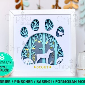 Rat Terrier / Zwergpinscher / Toy Foxterrier / Basenji Hunderasse Shadow Box SVG, 3d Papierschnitt SVG, geschichtetes Papier Kunst Vorlage, Dekupiersäge