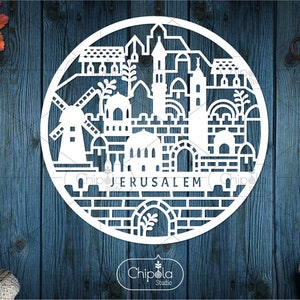Archivo de corte vectorial SVG de placa redonda de Jerusalén, corte de papel a mano de la ciudad antigua, plantilla judaica, plantilla de sierra de pergamino, corte de madera, Cricut, Silueta