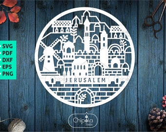 Jerusalem Round plate SVG vector cut file, ancient city hand papercut, judaica template, scroll saw template, wood cut, Cricut, Silhouette