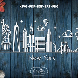 May include: A white silhouette of the New York City skyline with the Statue of Liberty, the Empire State Building, and the Brooklyn Bridge. The text "New York" is below the skyline. The text "Chipola Studio" is below the text "New York".
