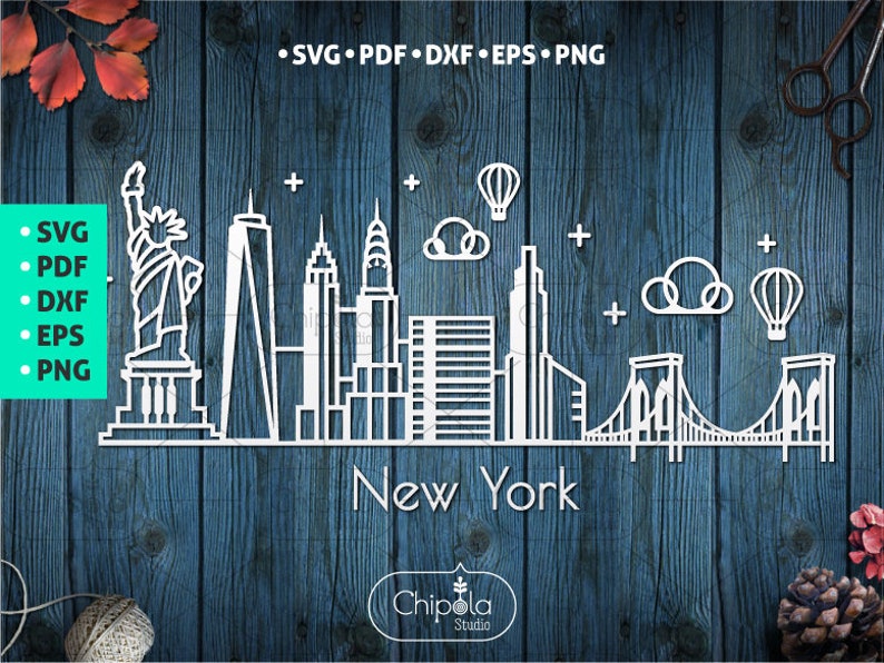 May include: A white silhouette of the New York City skyline with the Statue of Liberty, the Empire State Building, and the Brooklyn Bridge. The text "New York" is below the skyline. The text "Chipola Studio" is below the text "New York".