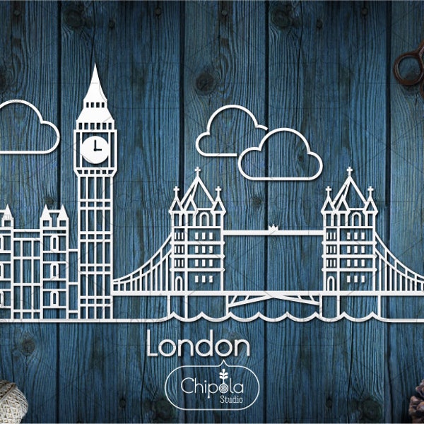 Archivo de corte vectorial London Skyline SVG, plantilla de corte de papel del paisaje urbano del Big Ben, plantilla de sierra de pergamino, corte de madera, Cricut, Silhouette Cameo