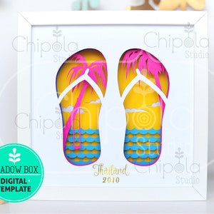 May include: A framed shadow box digital template featuring a pair of flip-flops with a tropical beach scene. The flip-flops are yellow with pink palm trees and blue waves. The text "Thailand 2010" is included.