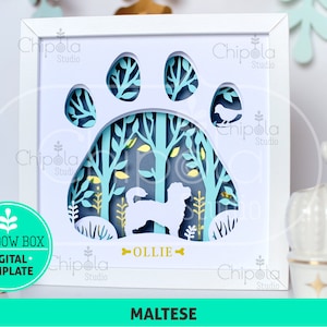 Maltese Dog breed Shadow Box SVG, 3d papercut SVG, layered paper art template, scroll saw pattern,  gift layered art with LED light