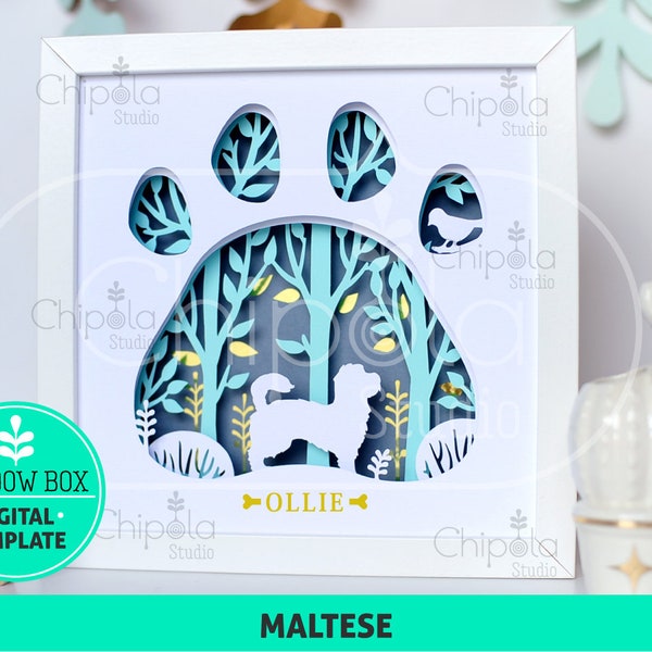 Maltese Dog breed Shadow Box SVG, 3d papercut SVG, layered paper art template, scroll saw pattern, gift layered art with LED light