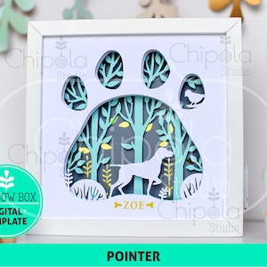 Könnte beinhalten: Eine weiße Schattenbox mit einem Ausschnitt einer Hundepfote. Innerhalb der Pfote befindet sich eine Waldszene mit einer Hundesilhouette und dem Namen "ZOE". Der Text "POINTER" befindet sich unterhalb der Schattenbox.