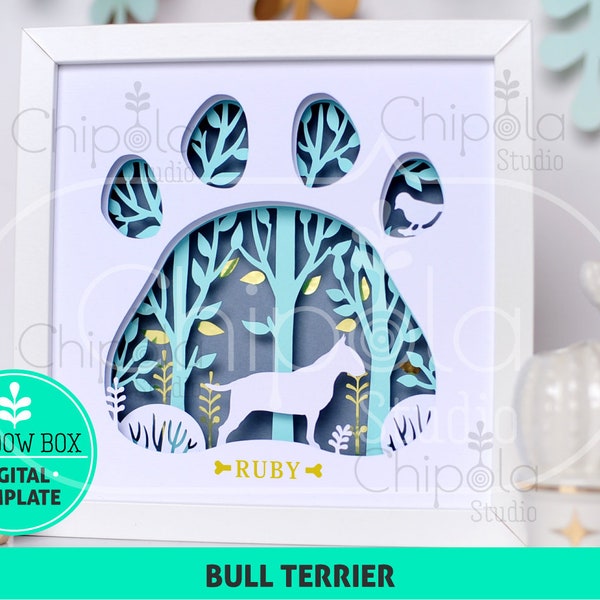 Bull Terrier Dog breed Shadow Box SVG, 3d papercut SVG, layered paper art template, scroll saw pattern, gift layered art with LED light