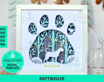 Rottweiler Dog Shadow Box SVG, corte de papel 3d SVG, plantilla de arte de papel en capas, patrón de sierra de pergamino, arte en capas de regalo con amantes de los perros con luz LED