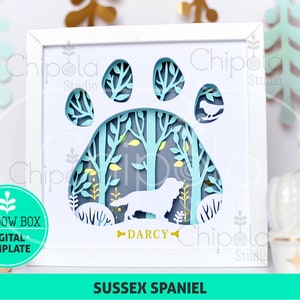 Sussex Spaniel Dog Shadow Box SVG, 3d papercut SVG, szablon sztuki papierowej warstwowej, wzór wyrzynarki, prezent artystyczny z lampką LED dla miłośników psów