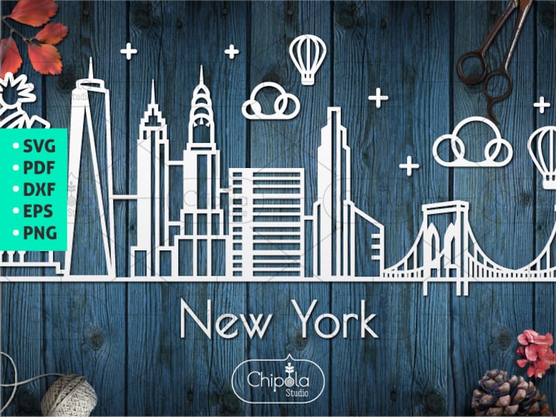 May include: A white outline of the New York City skyline with the Brooklyn Bridge, clouds, and hot air balloons. The text "New York" is below the skyline. The text "Chipola Studio" is below the text "New York".