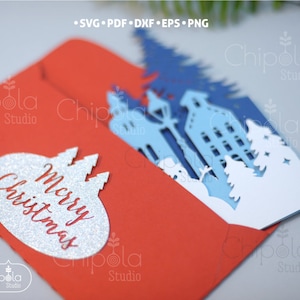 Carte de Noël trois volets + enveloppe SVG, modèle de carte hiver SVG, fichier d'invitation de Noël, carte Papercut, bonhomme de neige, Silhouette, Cricut image 4
