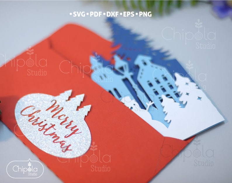 Carte de Noël trois volets + enveloppe SVG, modèle de carte hiver SVG, fichier d'invitation de Noël, carte Papercut, bonhomme de neige, Silhouette, Cricut image 4