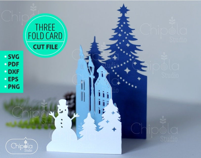 Carte de Noël trois volets + enveloppe SVG, modèle de carte hiver SVG, fichier d'invitation de Noël, carte Papercut, bonhomme de neige, Silhouette, Cricut image 1