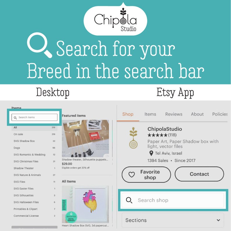 May include: A screenshot of an Etsy shop page for ChipolaStudio, which sells paper art and shadow boxes. The shop has 118 five-star reviews and 1394 sales. The shop's featured item is a shadow theater silhouette puppet set. The shop's description reads "Paper Art, Paper Shadow box with light, vector files". The shop's location is listed as Tel Aviv, Israel. The shop's tagline is "Since 2017".