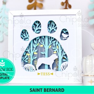 Könnte beinhalten: Eine weiße Schattenbox mit einem blauen Pfotenabdruck-Design. Der Pfotenabdruck hat eine Waldszene im Inneren mit einer Hundesilhouette und dem Namen "TESS" darunter. Der Text "SAINT BERNARD" befindet sich am unteren Rand der Box.