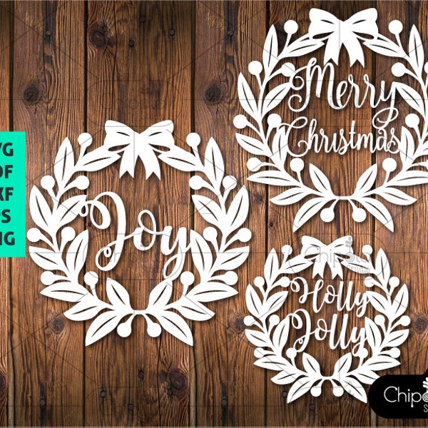 Christmas wreath SVG cut file, holly jolly, joy, merry christmas, wreaths bundle template svg, cricut, silhouette, die cut, laser, download